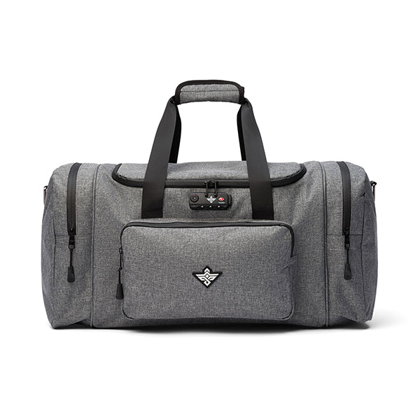 The Erozul Legion Smell Proof Duffel Bag by Erozul features a TSA combination lock, black handles, zippered side pockets, a front logo pocket, and a sleek grey design for security and style.